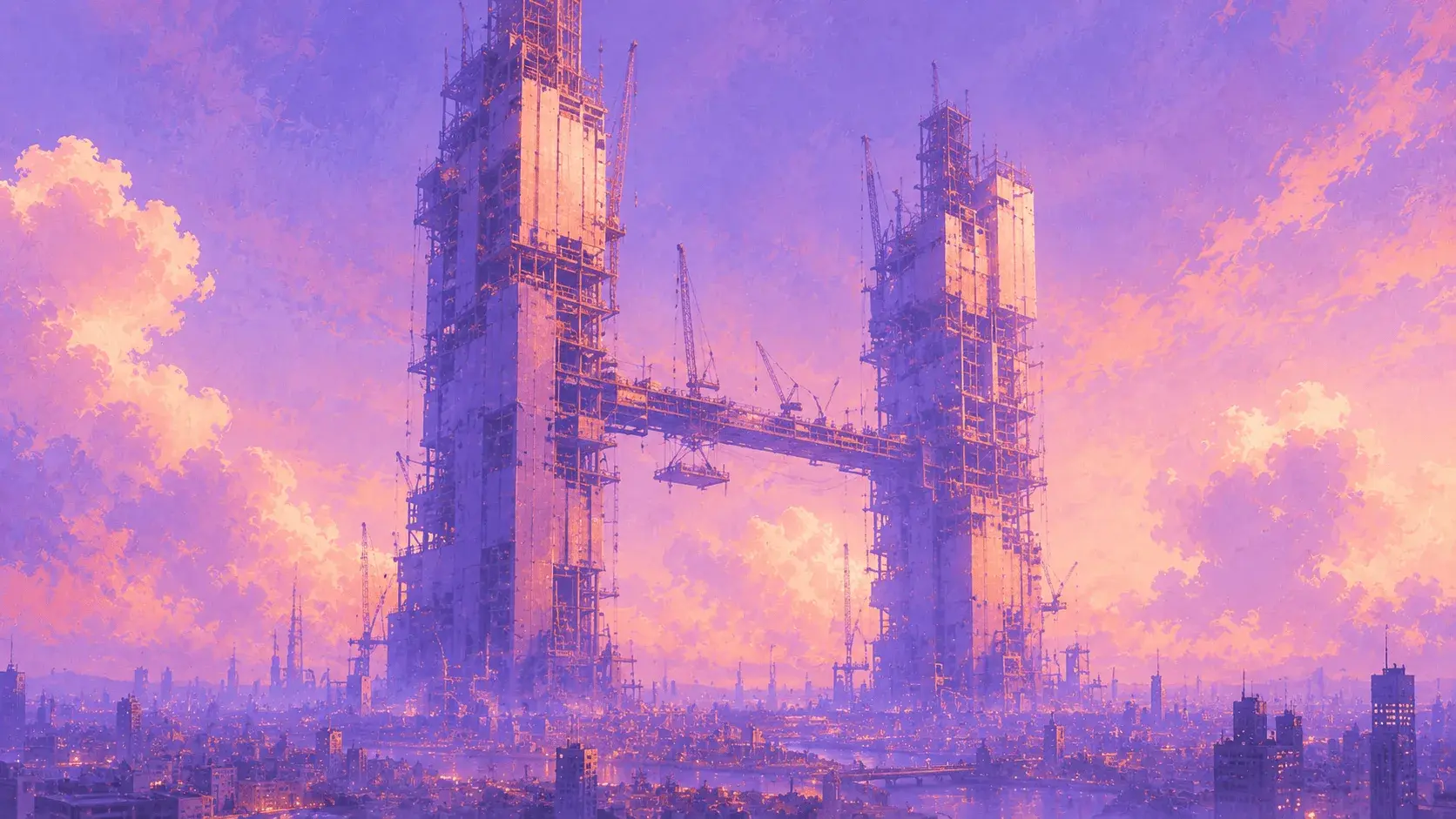Standard towers under construction at sunset